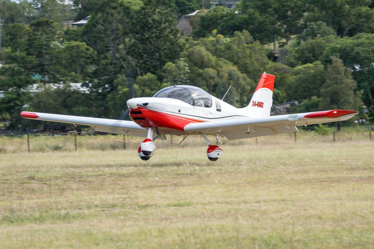 Aircraft Factory Sling 2 24-8582 landing at the Airsport Qld breakfast fly-in.