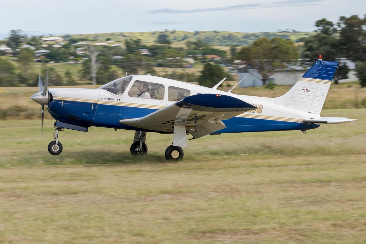 Piper PA-28R-200 Arrow II VH-WJO landing at the Airsport Qld breakfast fly-in.