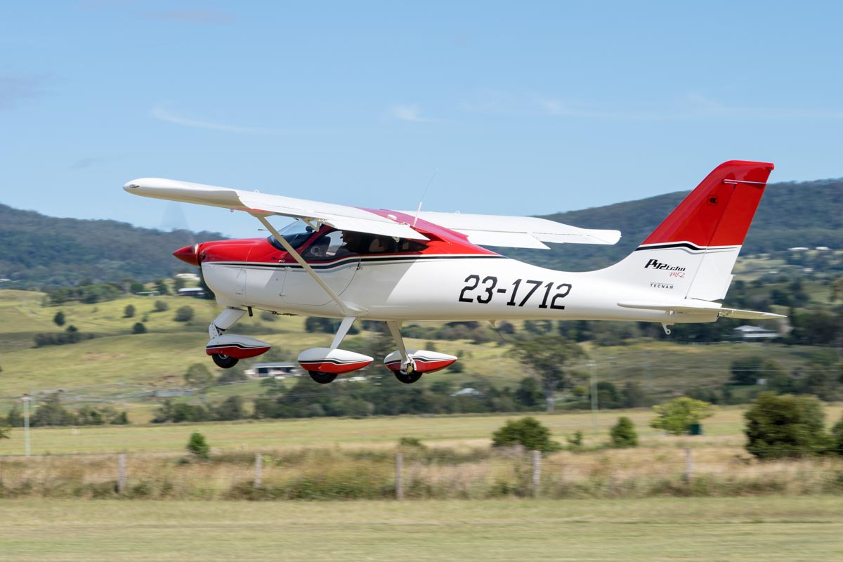 Tecnam P92 Echo Mk II 23-1712 taking off at the Airsport Qld breakfast fly-in.