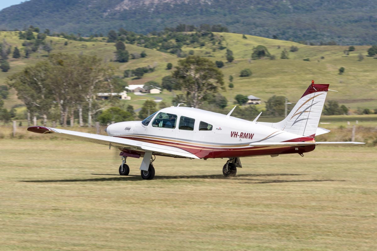 Piper PA-28R-201T Turbo Arrow III VH-RMW taking off at the Airsport Qld breakfast fly-in.