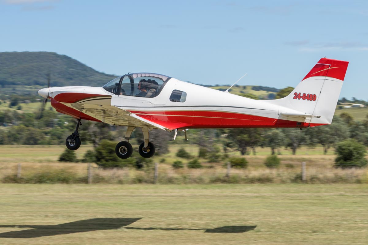 Aircraft Factory Sling 2 24-8489 takes off at the Airsport Qld breakfast fly-in.