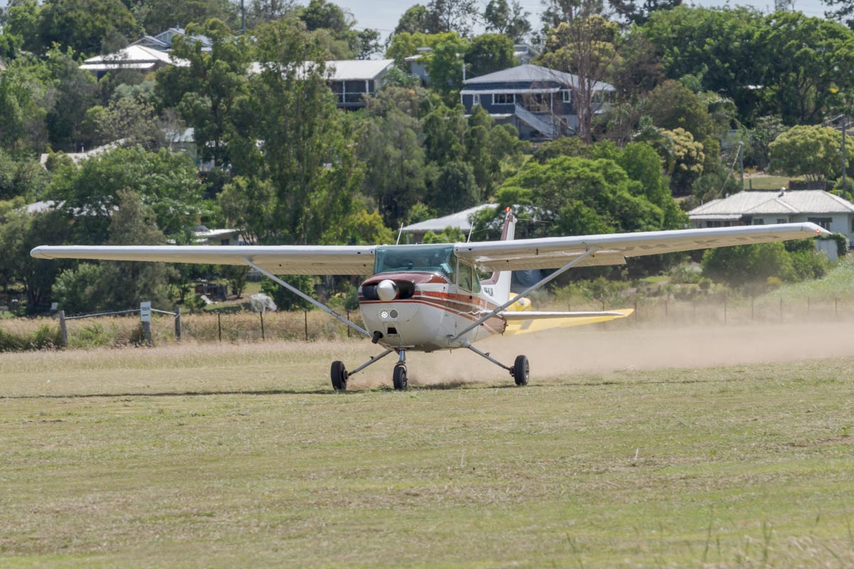 Cessna 172N Skyhawk VH-KJR takes off at the Airsport Qld breakfast fly-in.
