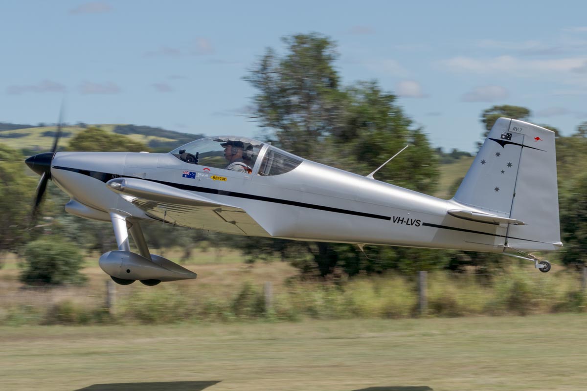 Vans RV-7 VH-LVS takes off at the Airsport Qld breakfast fly-in.