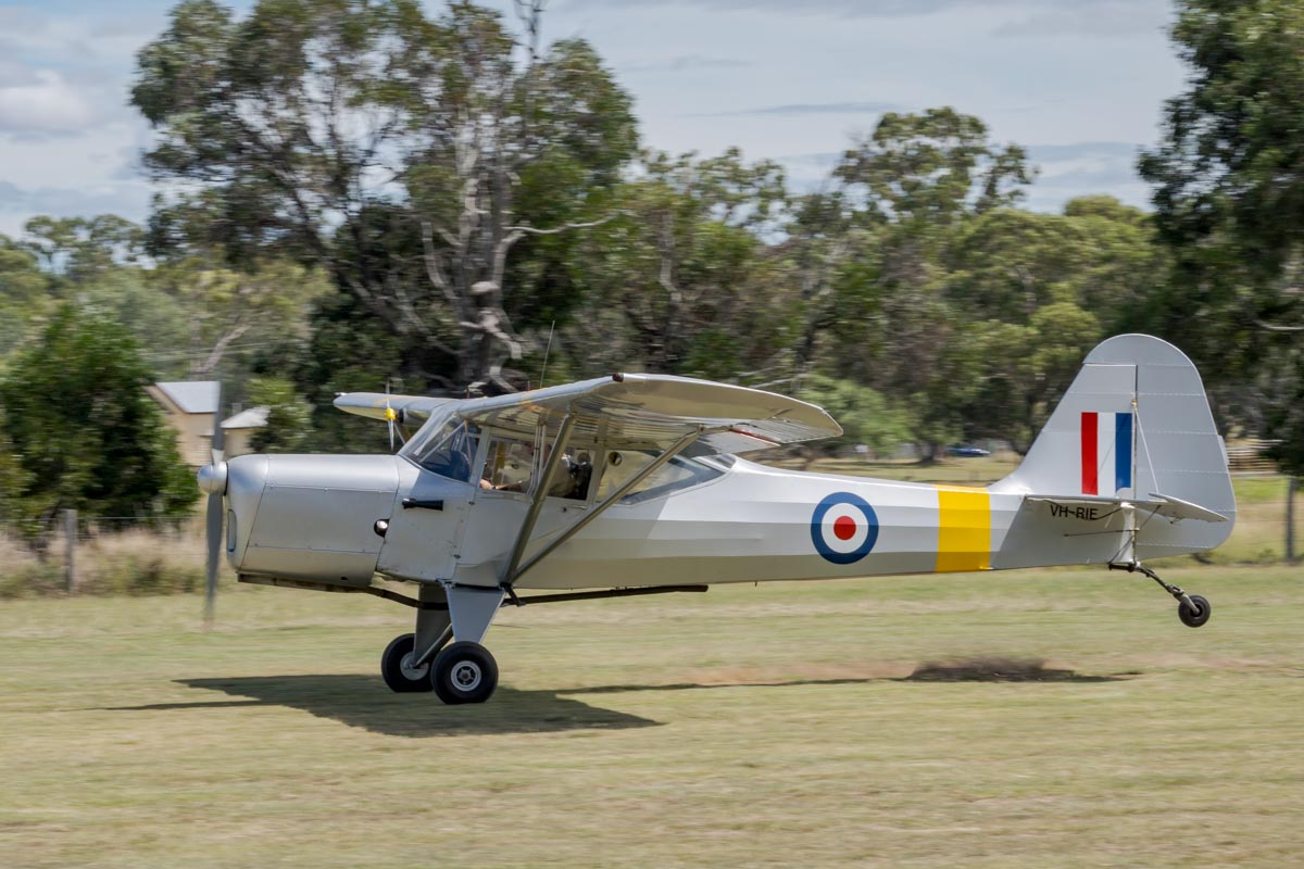 Auster Aircraft J/8L Aiglet Trainer VH-RIE taking off at the Airsport Qld breakfast fly-in.