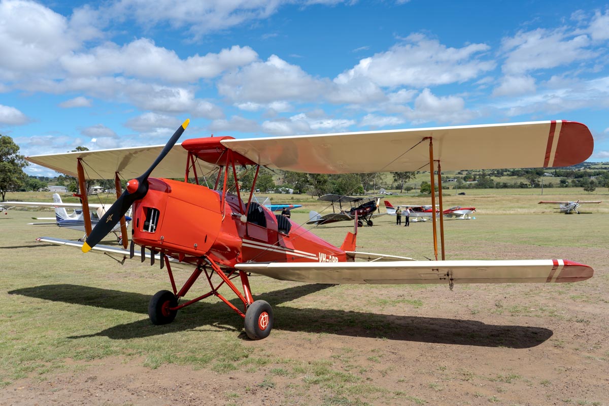 De Havilland DH.82A Tiger Moth VH-APB parked at the Airsport Qld breakfast fly-in.