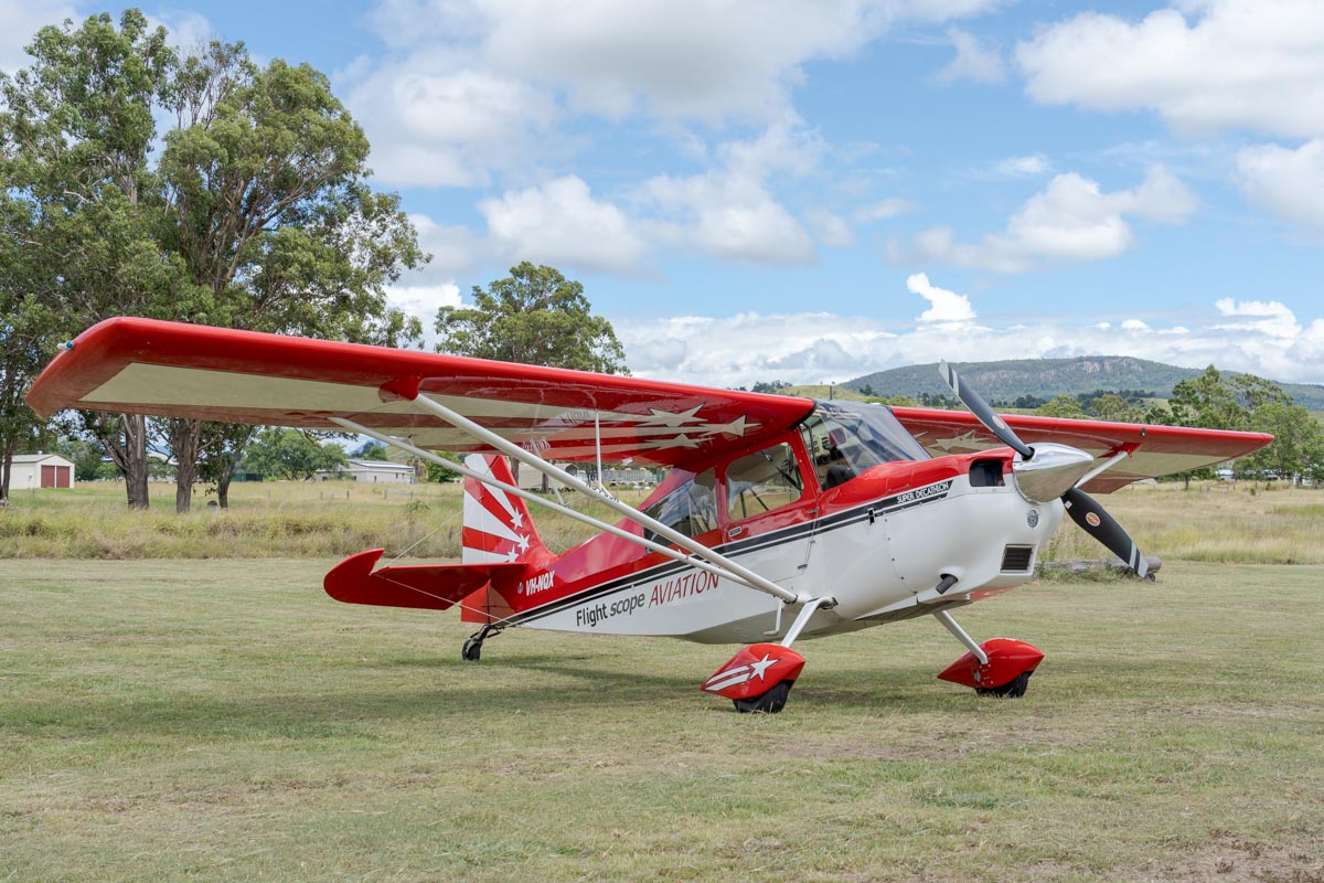 FlightScope Aviation American Champion Aircraft 8KCAB Super Decathlon VH-NQX parked at the Airsport Qld breakfast fly-in.