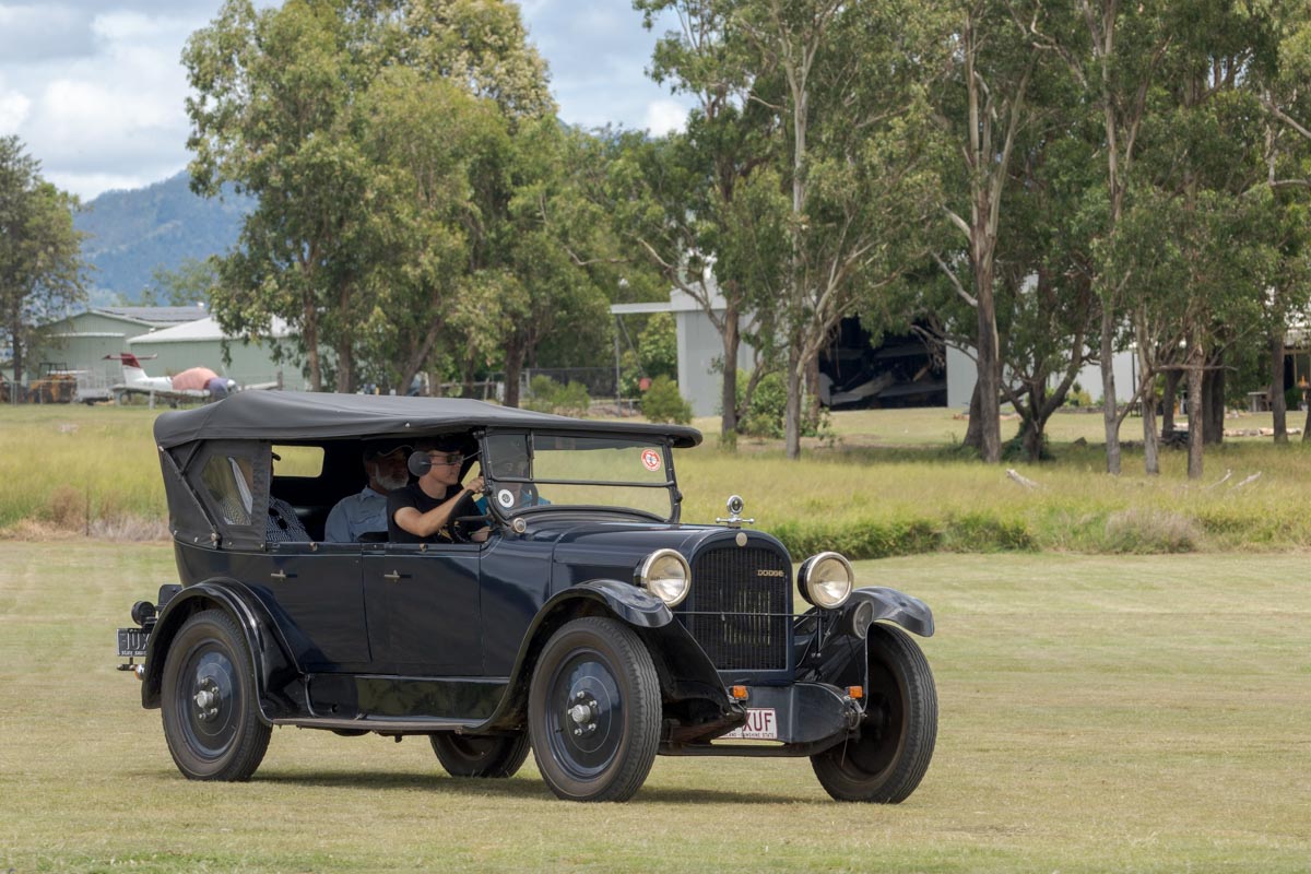 A vintage Dodge convertible car at the Airsport Qld breakfast fly-in.