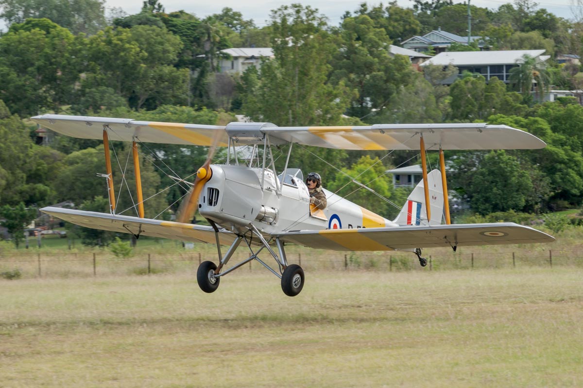 De Havilland DH.82A Tiger Moth VH-WII landing at the Airsport Qld breakfast fly-in.