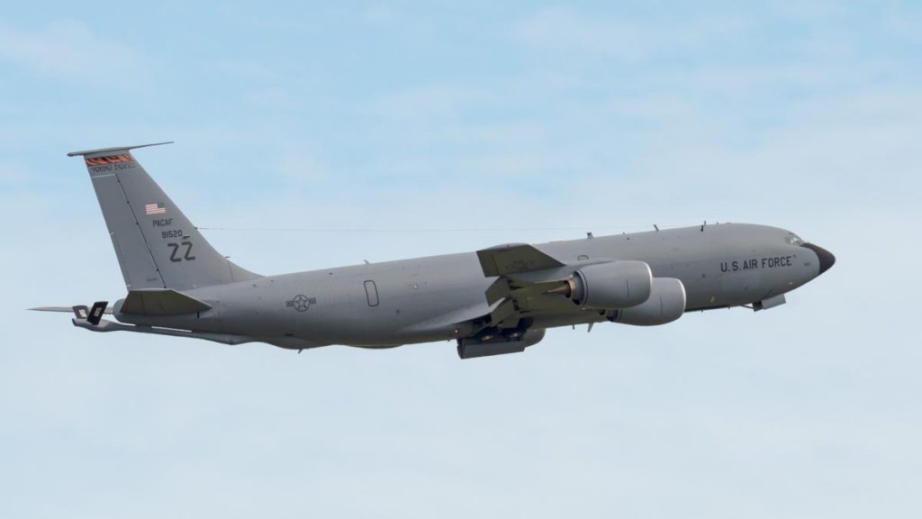 USAF Boeing KC-135T Stratotanker 59-1520 takes off from Brisbane (YBBN) on a mission to refuel a USAF B-52 over the Coral Sea.