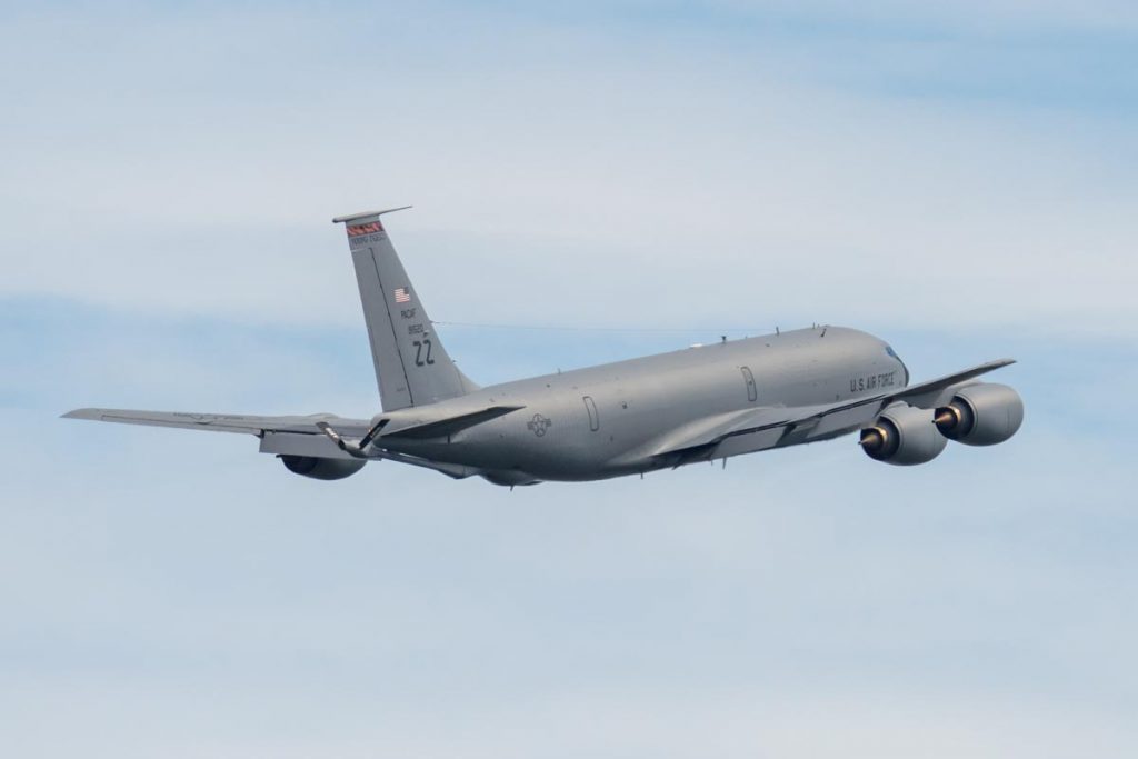 USAF Boeing KC-135T Stratotanker 59-1520 takes off from Brisbane (YBBN) on a mission to refuel a USAF B-52 over the Coral Sea.