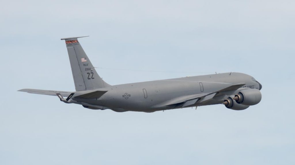 USAF Boeing KC-135R Stratotanker 62-3562 takes off from Brisbane (YBBN) on a mission to refuel a USAF B-52 over the Coral Sea.