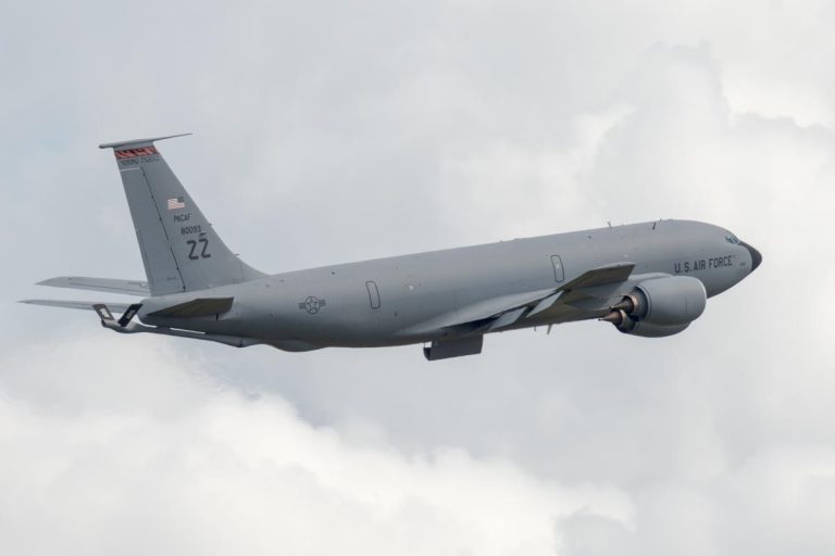 Boeing KC-135R Stratotanker 58-0093 takes off from Brisbane (YBBN) on a mission to refuel a USAF B-52 over the Coral Sea.